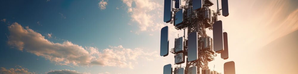 Background image shows a 5G global network technology communication antenna tower for wireless high speed internet. Future proof fastest internet technology is LTE aerial network connection. Generative AI