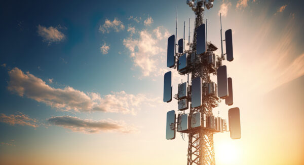 Background image shows a 5G global network technology communication antenna tower for wireless high speed internet. Future proof fastest internet technology is LTE aerial network connection. Generative AI