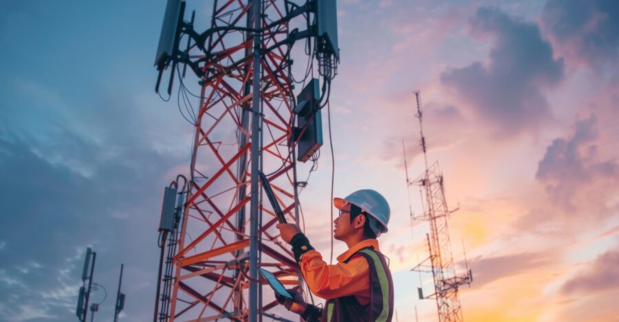 Engineer do installation 5G tower copy space