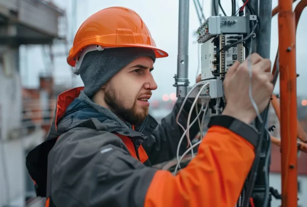 A network engineer installing a 5G antenna on a rooftop, illustrating the infrastructure development for faster internet speeds.
